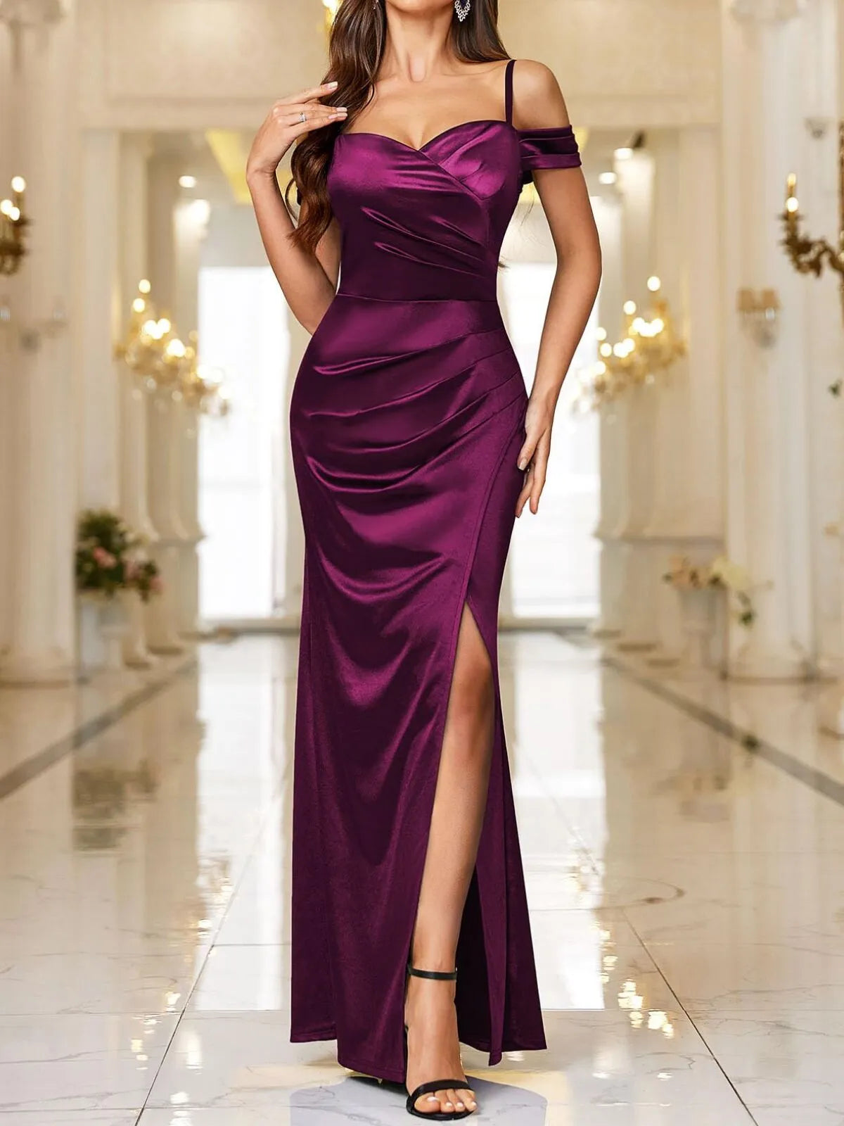 Wedding Guest Graduation Off Shoulder Sleeveless Spaghetti Strap Satin High Split Wrap Ruched Style Formal Maxi Bodycon Dress