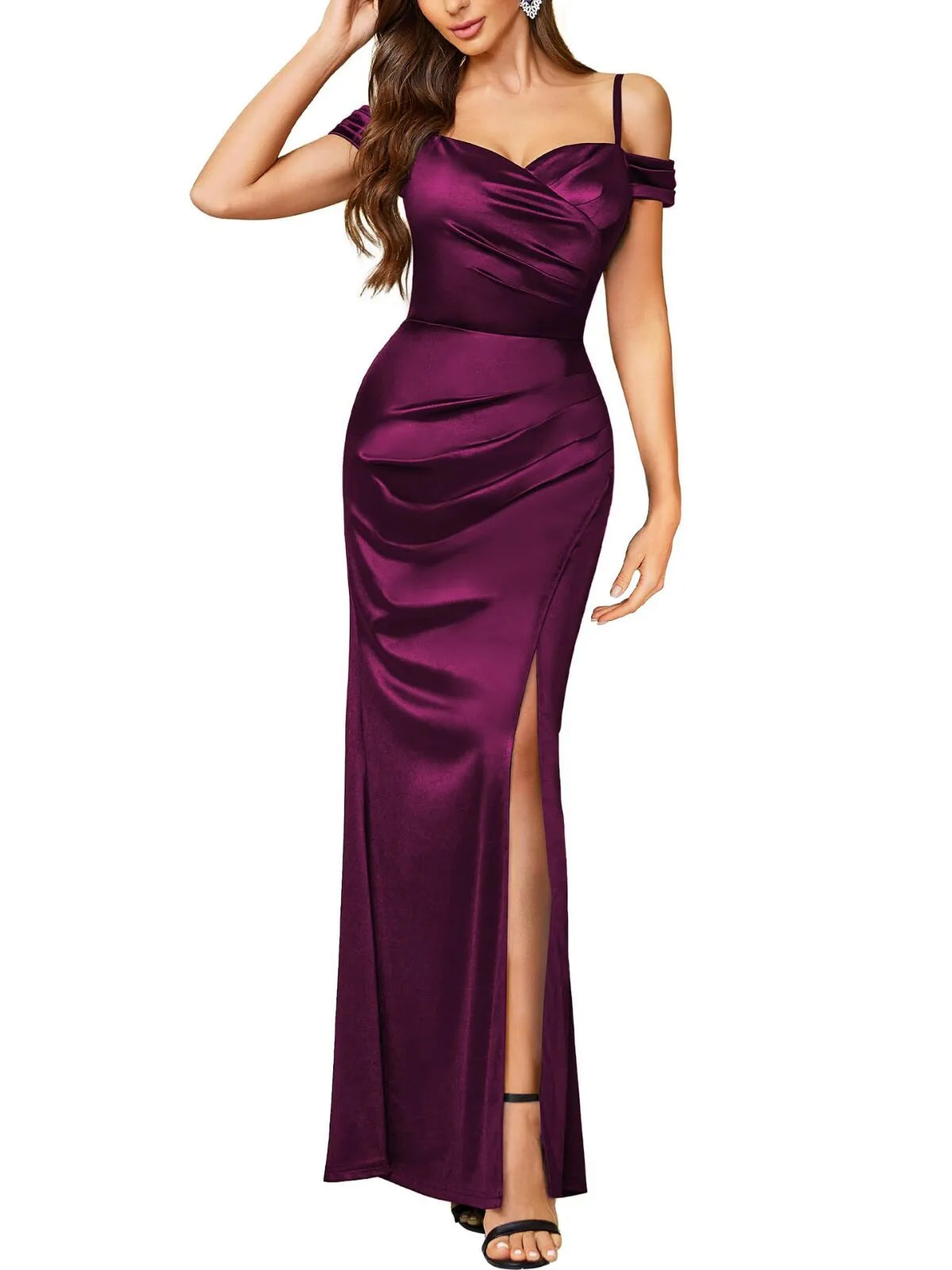 Wedding Guest Graduation Off Shoulder Sleeveless Spaghetti Strap Satin High Split Wrap Ruched Style Formal Maxi Bodycon Dress