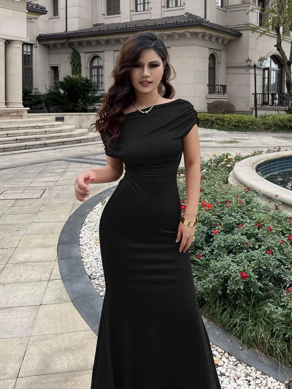 Solid Elegant Formal Party Evening Off Shoulder Mermaid Dress