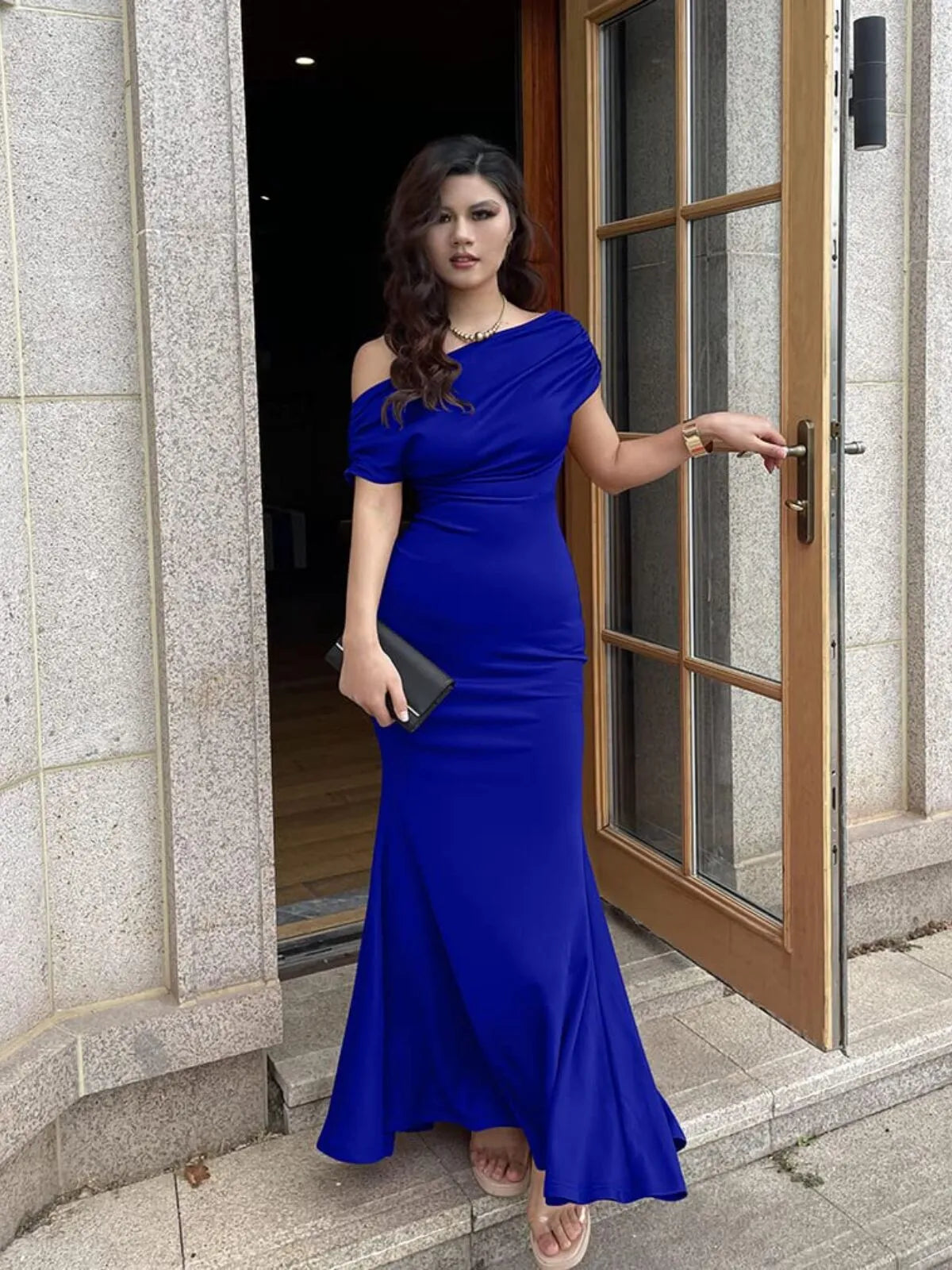 Solid Elegant Formal Party Evening Off Shoulder Mermaid Dress