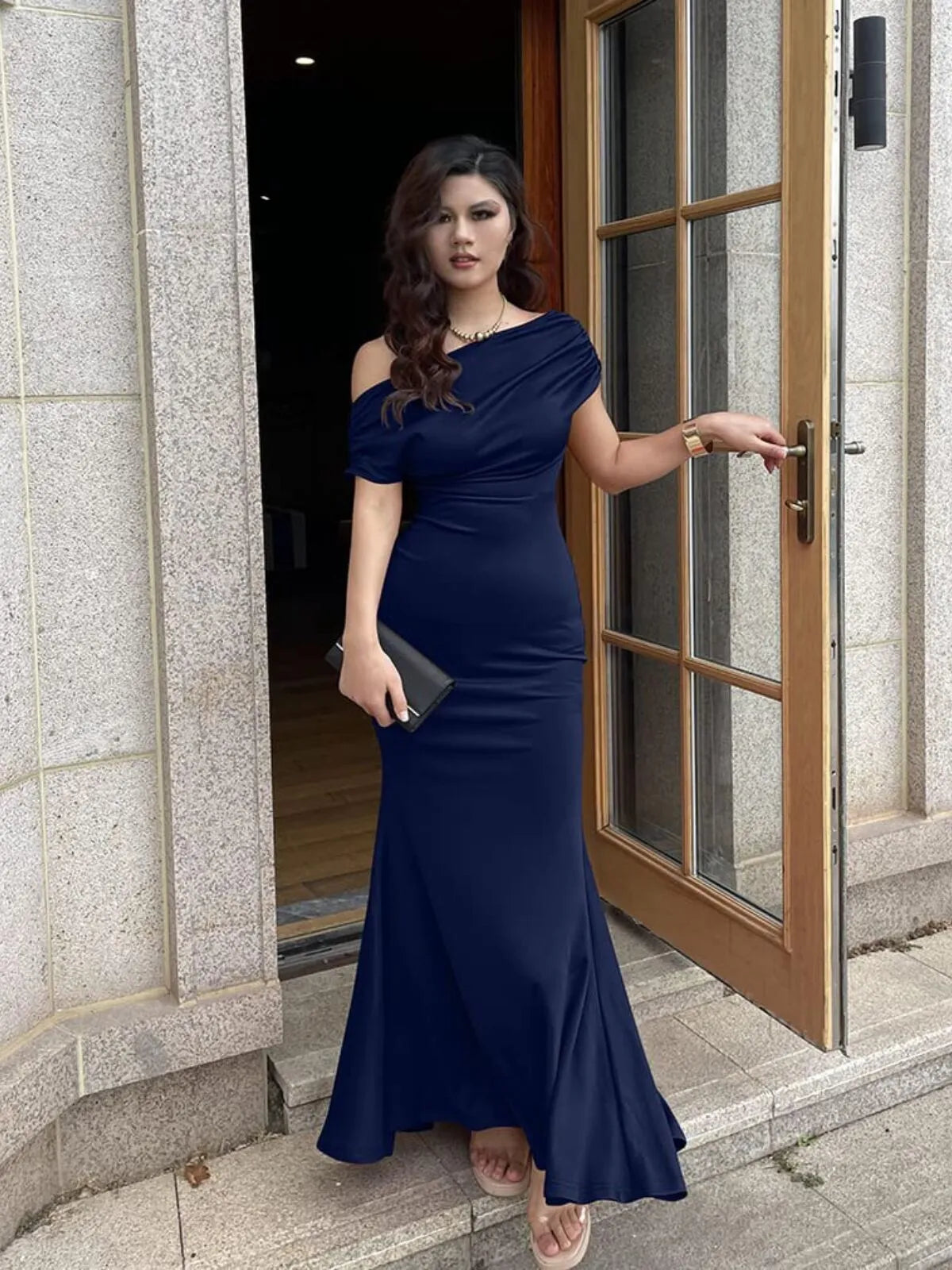 Solid Elegant Formal Party Evening Off Shoulder Mermaid Dress