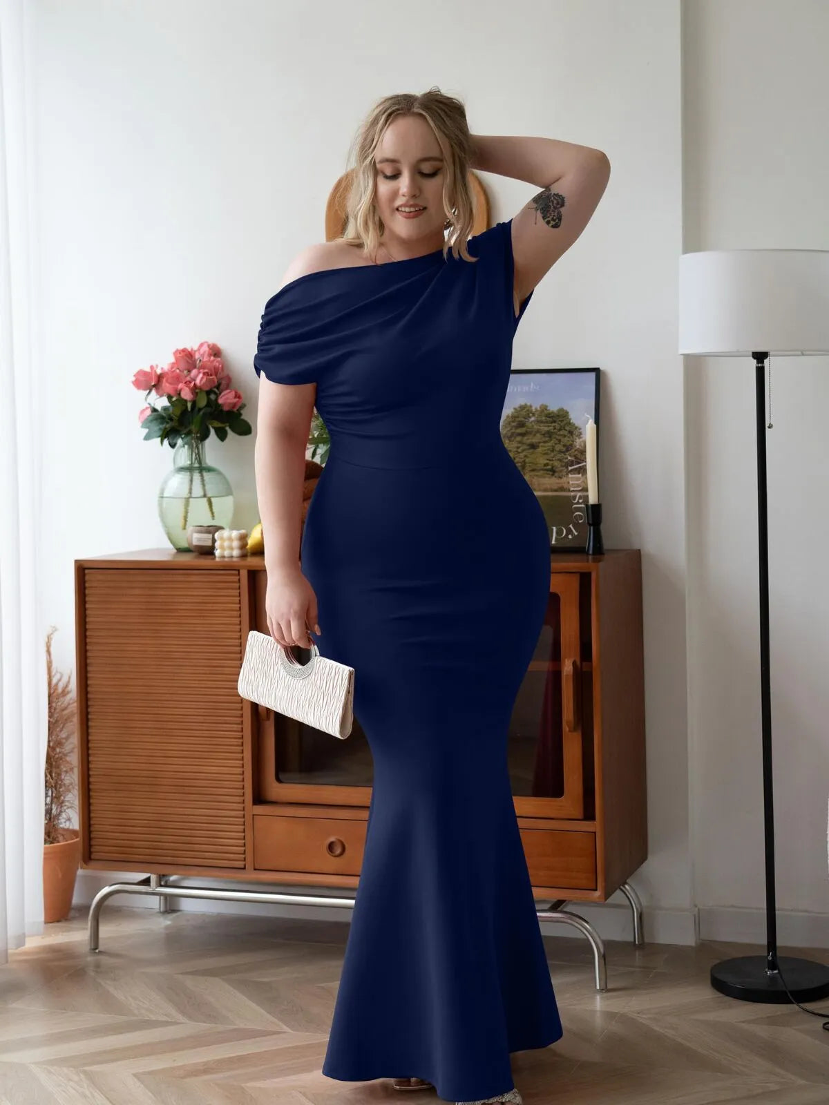 Solid Elegant Formal Party Evening Off Shoulder Mermaid Dress