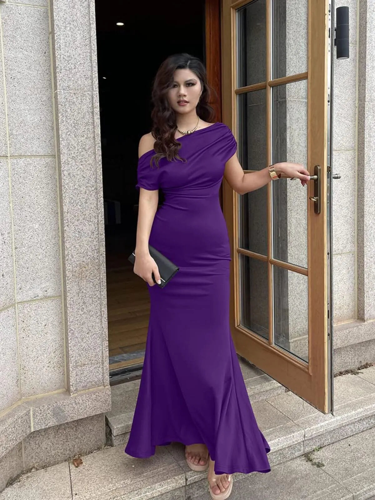 Solid Elegant Formal Party Evening Off Shoulder Mermaid Dress