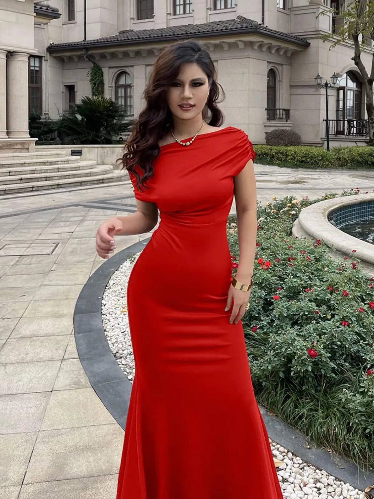Solid Elegant Formal Party Evening Off Shoulder Mermaid Dress