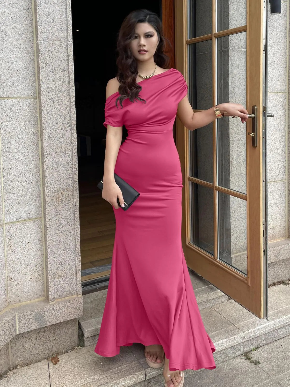 Solid Elegant Formal Party Evening Off Shoulder Mermaid Dress