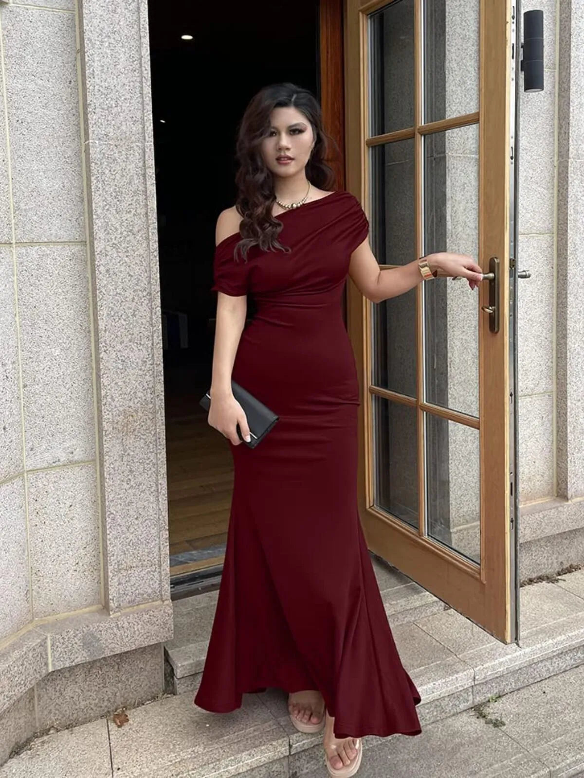 Solid Elegant Formal Party Evening Off Shoulder Mermaid Dress