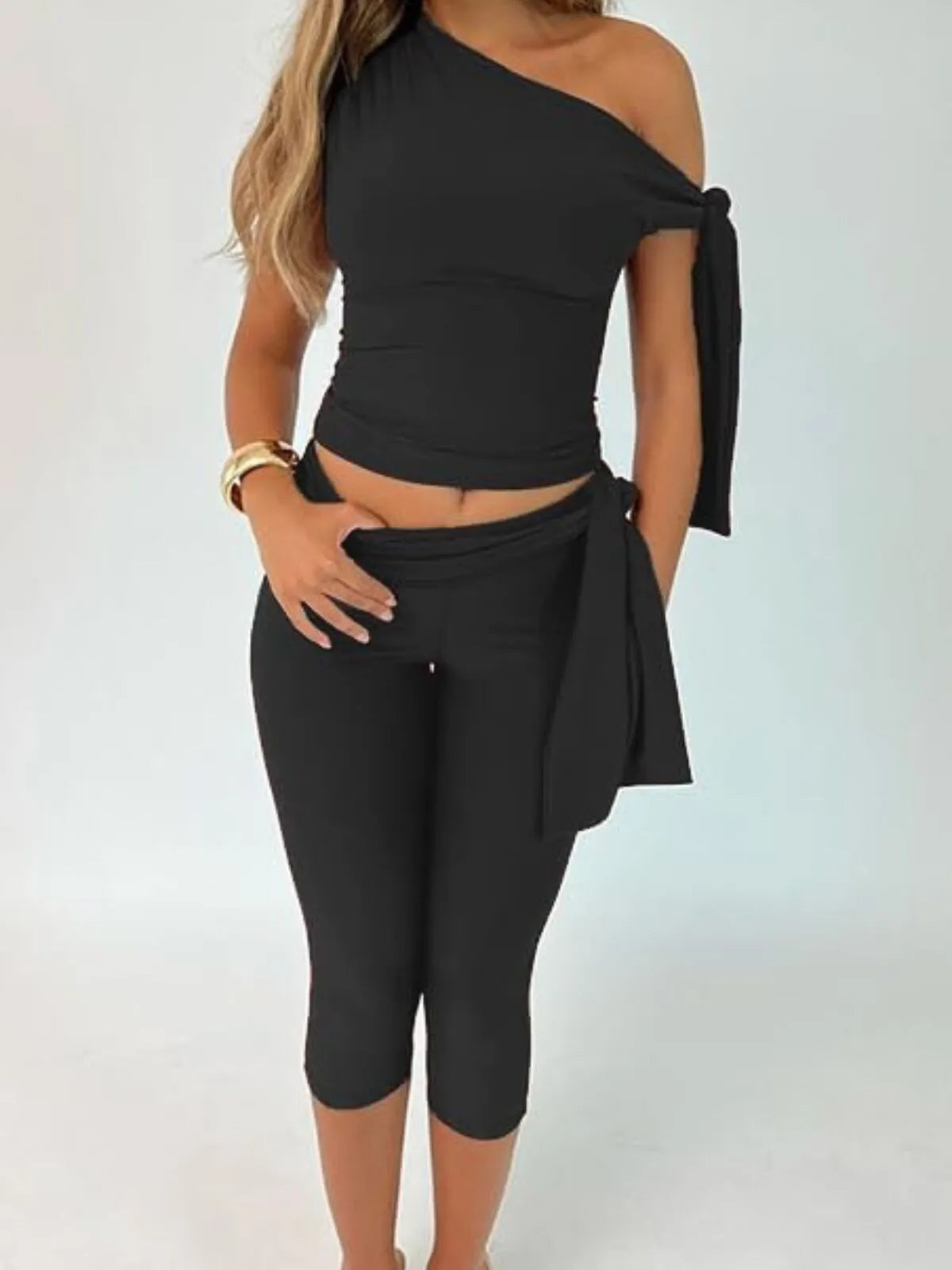 Solid Elegant Fashion Ruched Off Shoulder Asymmetrical Neck Knot Design Top & High Waist Capri Skinny Pants