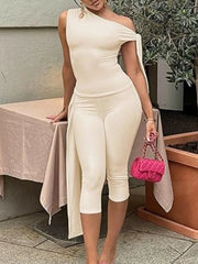 Solid Elegant Fashion Ruched Off Shoulder Asymmetrical Neck Knot Design Top & High Waist Capri Skinny Pants