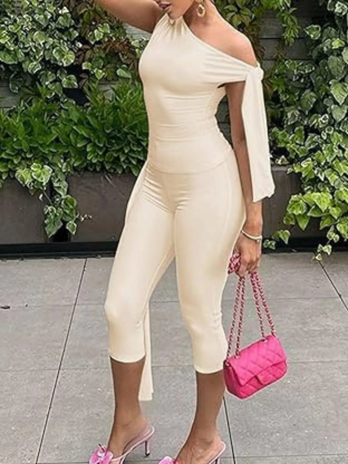 Solid Elegant Fashion Ruched Off Shoulder Asymmetrical Neck Knot Design Top & High Waist Capri Skinny Pants
