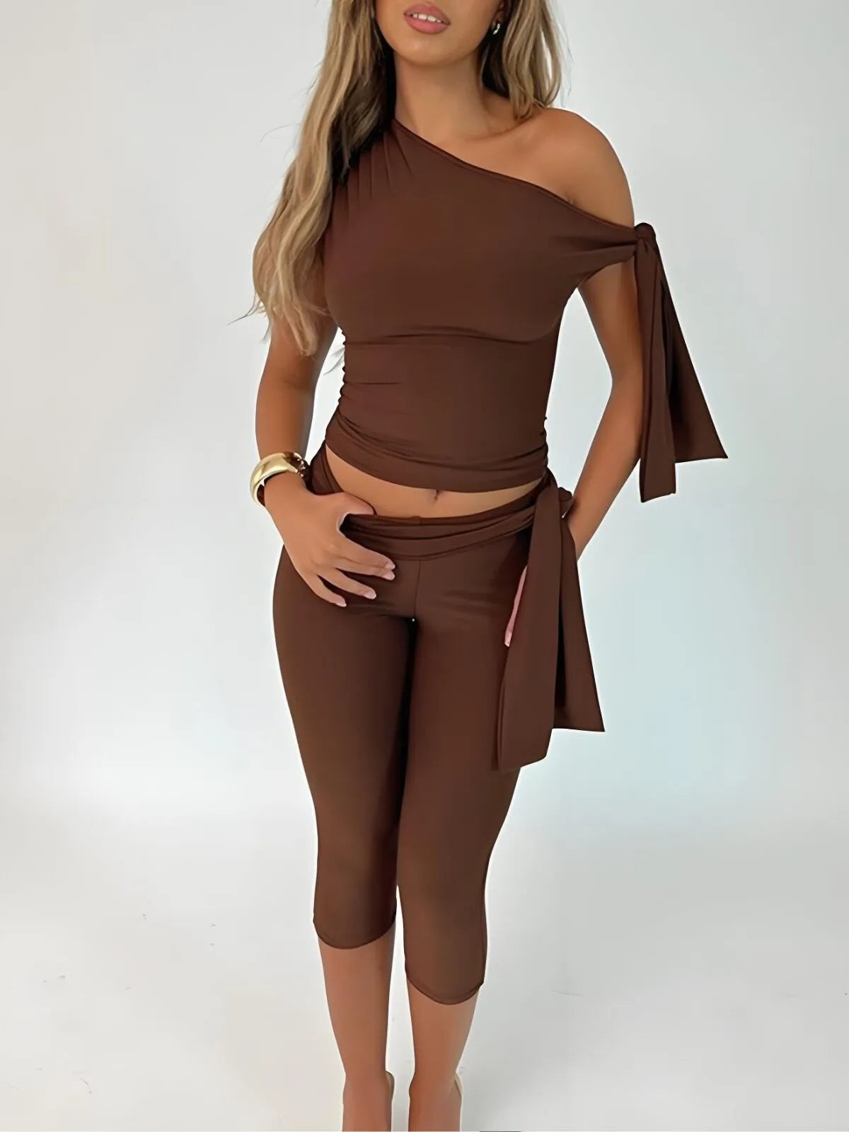 Solid Elegant Fashion Ruched Off Shoulder Asymmetrical Neck Knot Design Top & High Waist Capri Skinny Pants