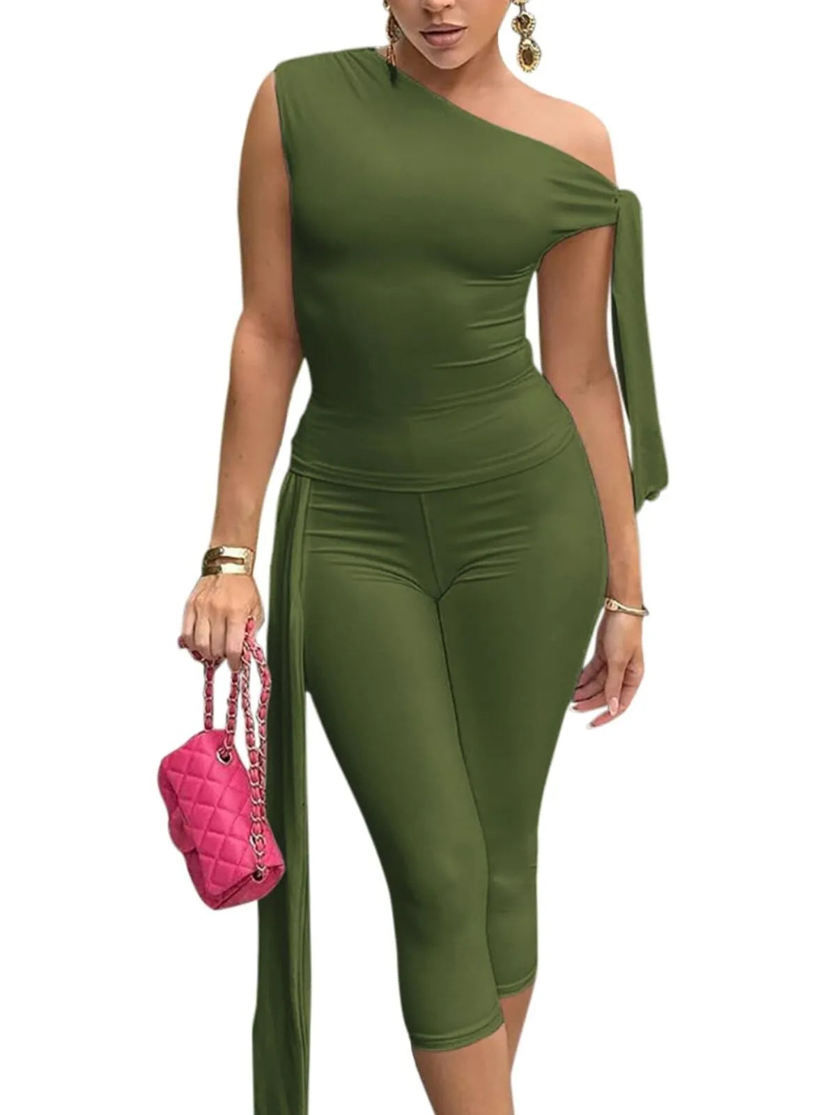 Solid Elegant Fashion Ruched Off Shoulder Asymmetrical Neck Knot Design Top & High Waist Capri Skinny Pants