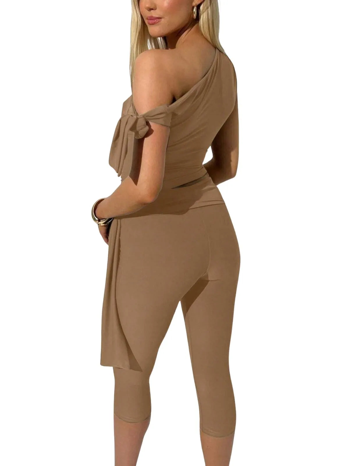 Solid Elegant Fashion Ruched Off Shoulder Asymmetrical Neck Knot Design Top & High Waist Capri Skinny Pants
