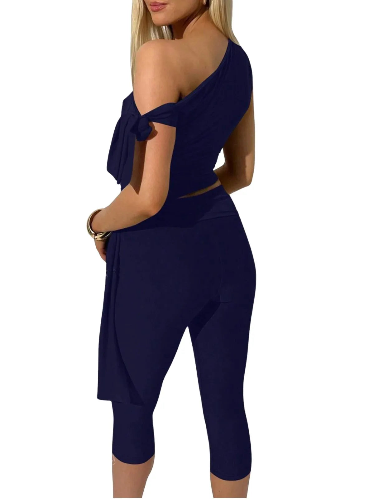 Solid Elegant Fashion Ruched Off Shoulder Asymmetrical Neck Knot Design Top & High Waist Capri Skinny Pants