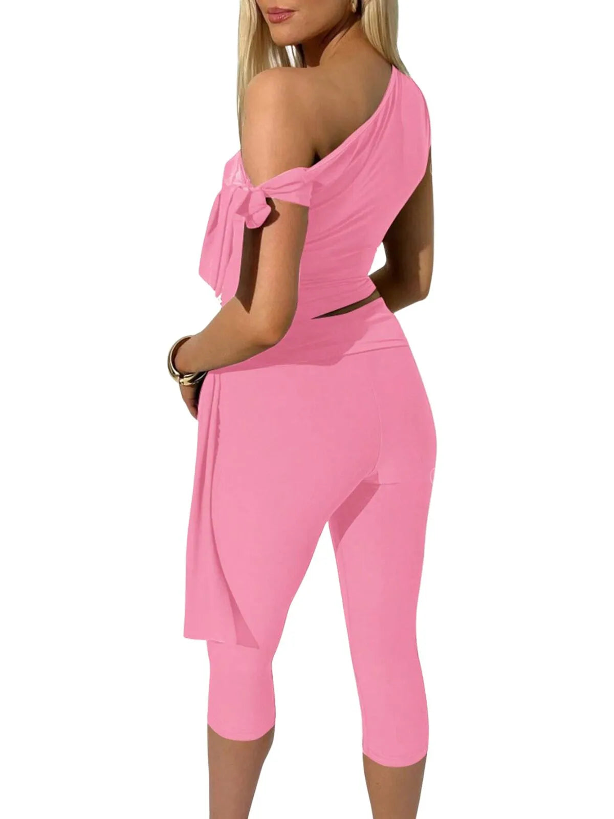 Solid Elegant Fashion Ruched Off Shoulder Asymmetrical Neck Knot Design Top & High Waist Capri Skinny Pants
