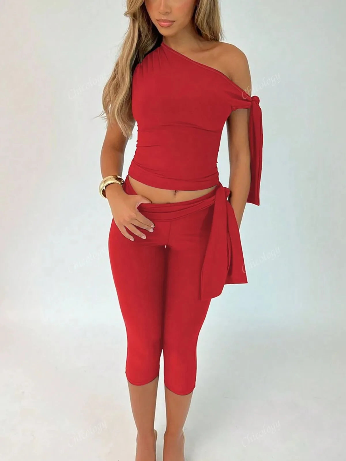 Solid Elegant Fashion Ruched Off Shoulder Asymmetrical Neck Knot Design Top & High Waist Capri Skinny Pants