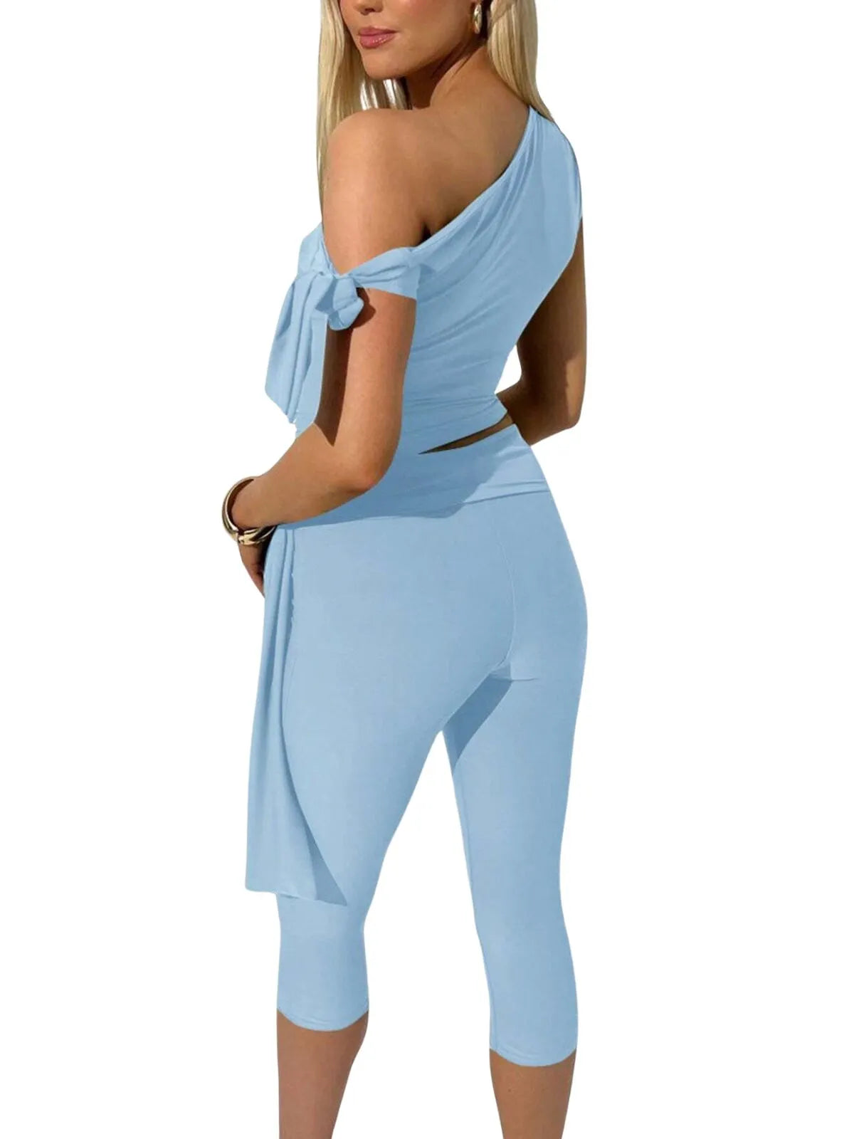 Solid Elegant Fashion Ruched Off Shoulder Asymmetrical Neck Knot Design Top & High Waist Capri Skinny Pants