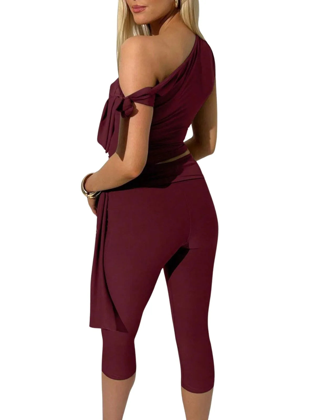Solid Elegant Fashion Ruched Off Shoulder Asymmetrical Neck Knot Design Top & High Waist Capri Skinny Pants