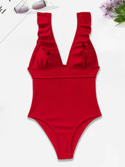 Solid V-neck Ruffles Fabric One-piece