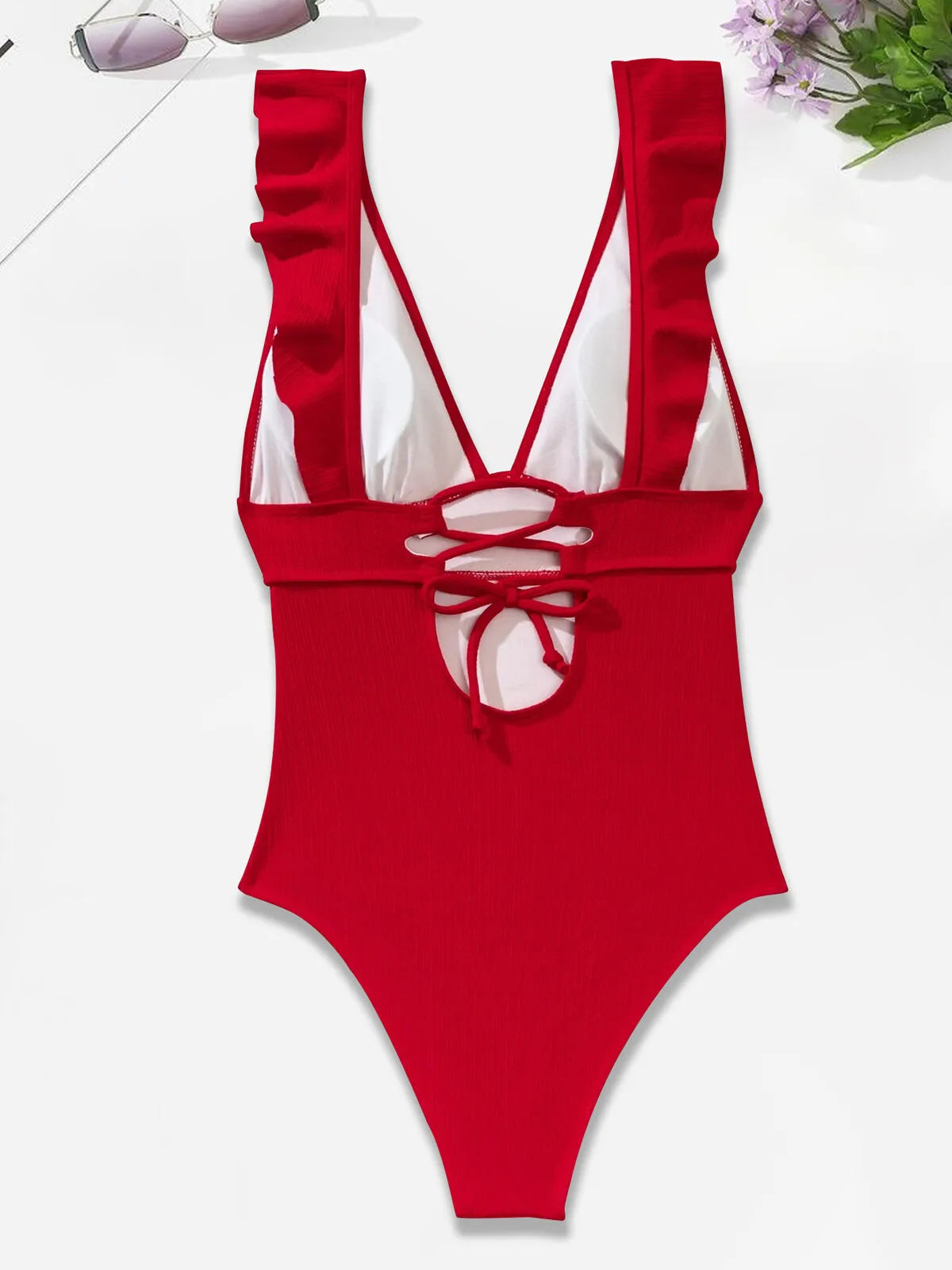 Solid V-neck Ruffles Fabric One-piece