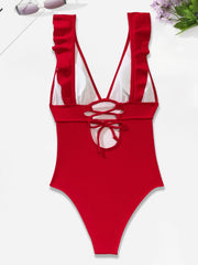 Solid V-neck Ruffles Fabric One-piece