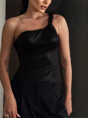 Solid One Shoulder Leather Asymmetrical Cami Y2K Going Out Crop