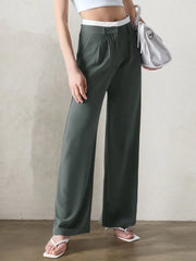 Solid Patchwork Medium Rise Zipper Fly Straight Leg Pants
