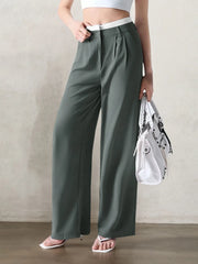 Solid Patchwork Medium Rise Zipper Fly Straight Leg Pants