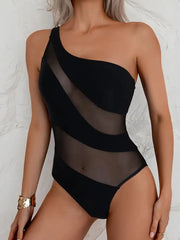 Solid Hollow Out Asymmetrical Neck One-piece