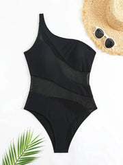 Solid Hollow Out Asymmetrical Neck One-piece