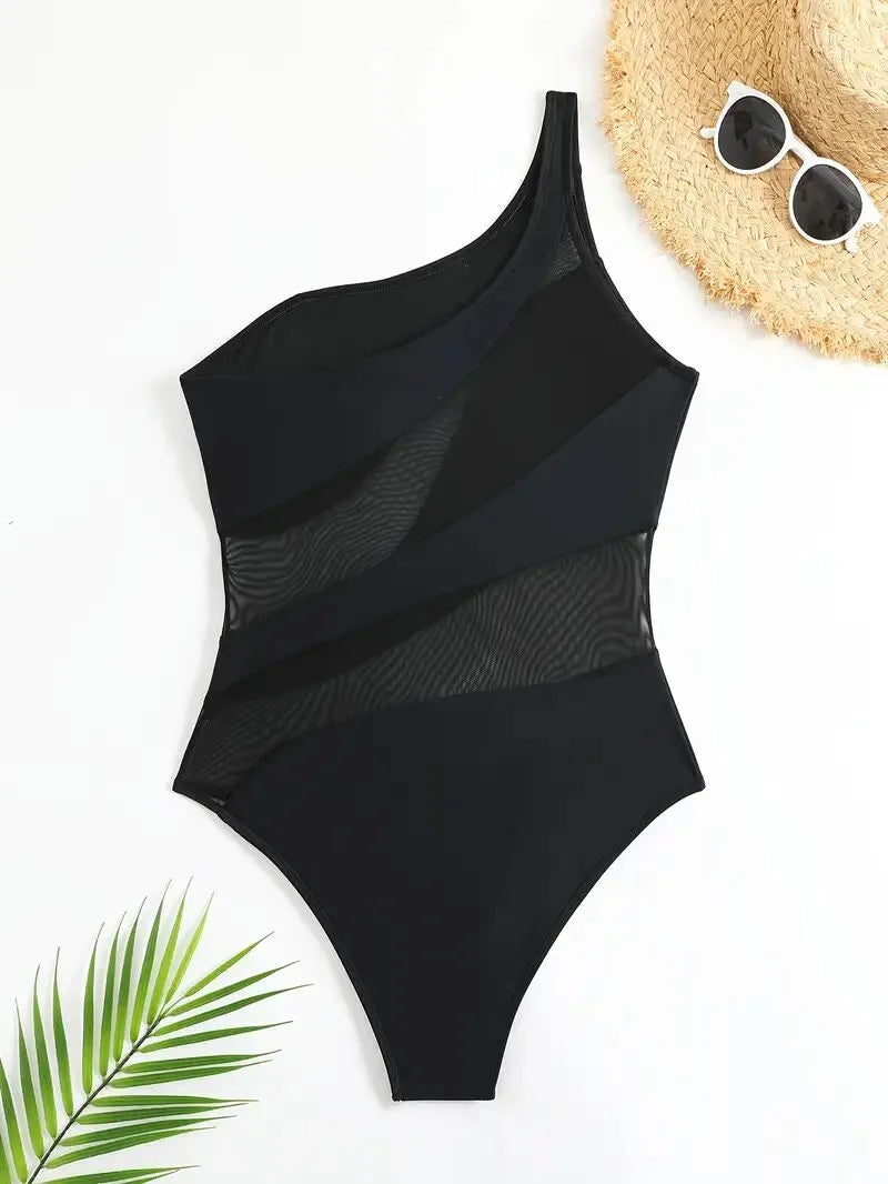 Solid Hollow Out Asymmetrical Neck One-piece