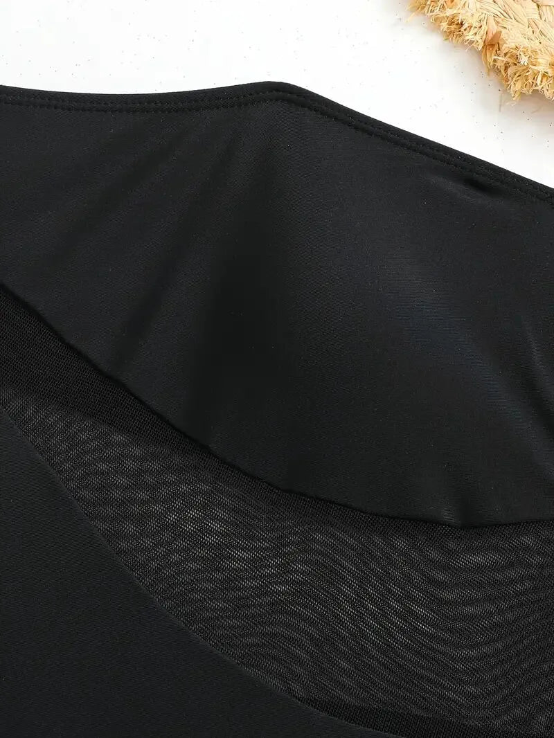 Solid Hollow Out Asymmetrical Neck One-piece