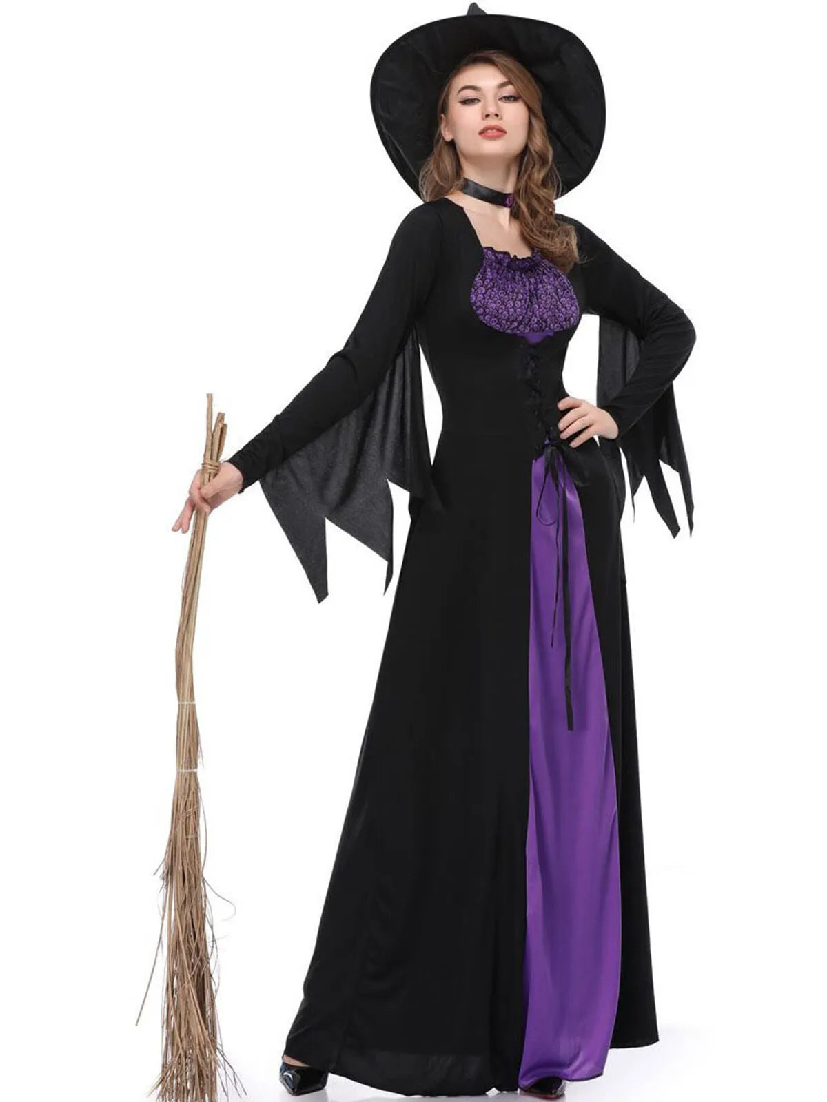 Solid Patchwork Halloween Cosplay Wizard Square Neck Batwing A-line Dress Including Hat, Collar