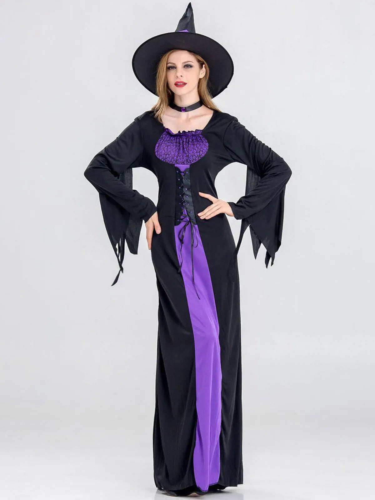 Solid Patchwork Halloween Cosplay Wizard Square Neck Batwing A-line Dress Including Hat, Collar