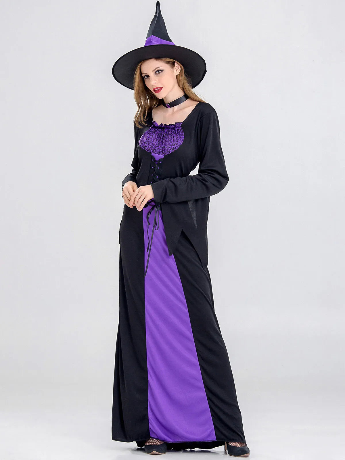 Solid Patchwork Halloween Cosplay Wizard Square Neck Batwing A-line Dress Including Hat, Collar