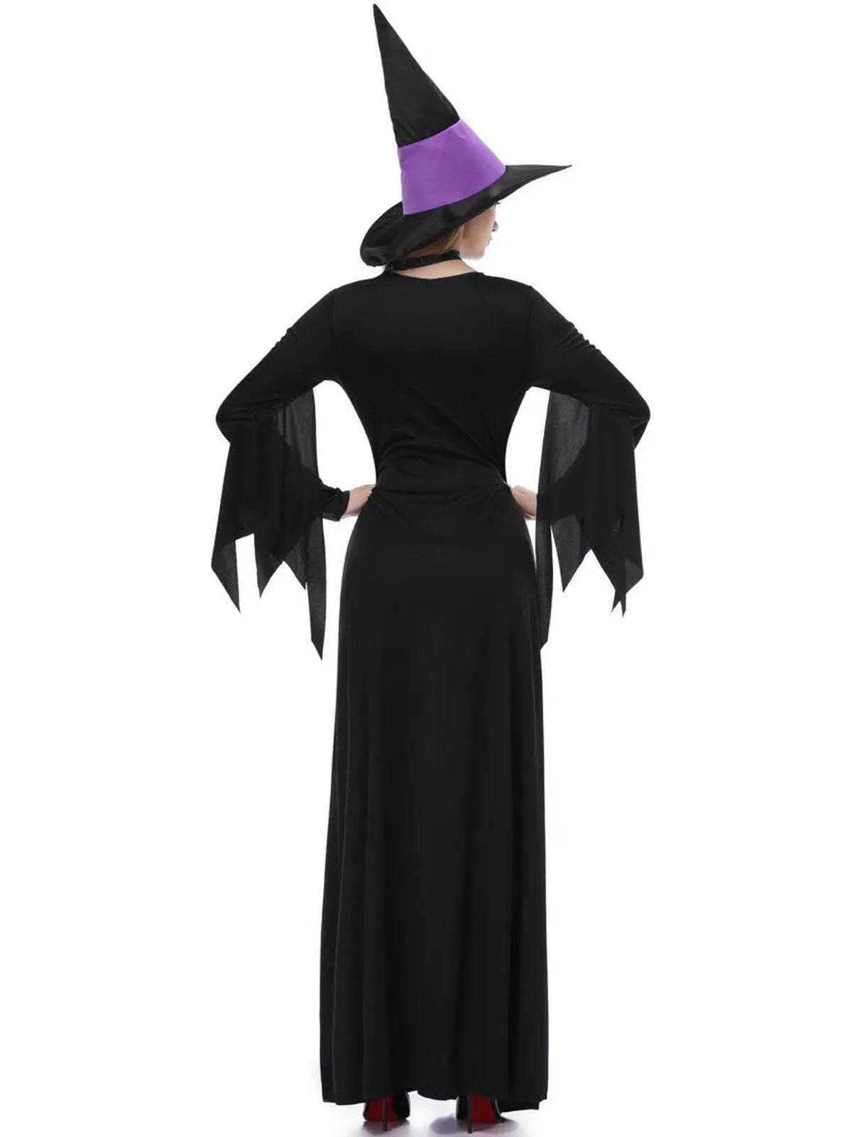 Solid Patchwork Halloween Cosplay Wizard Square Neck Batwing A-line Dress Including Hat, Collar