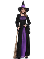 Solid Patchwork Halloween Cosplay Wizard Square Neck Batwing A-line Dress Including Hat, Collar