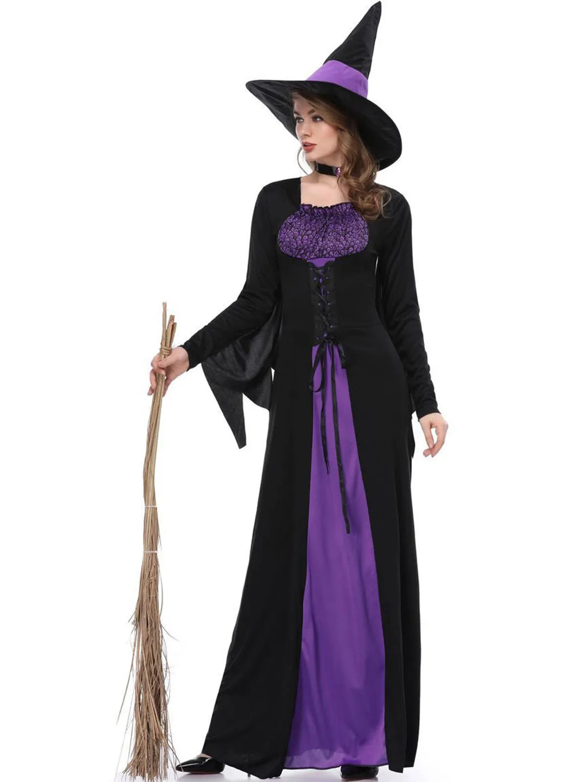 Solid Patchwork Halloween Cosplay Wizard Square Neck Batwing A-line Dress Including Hat, Collar