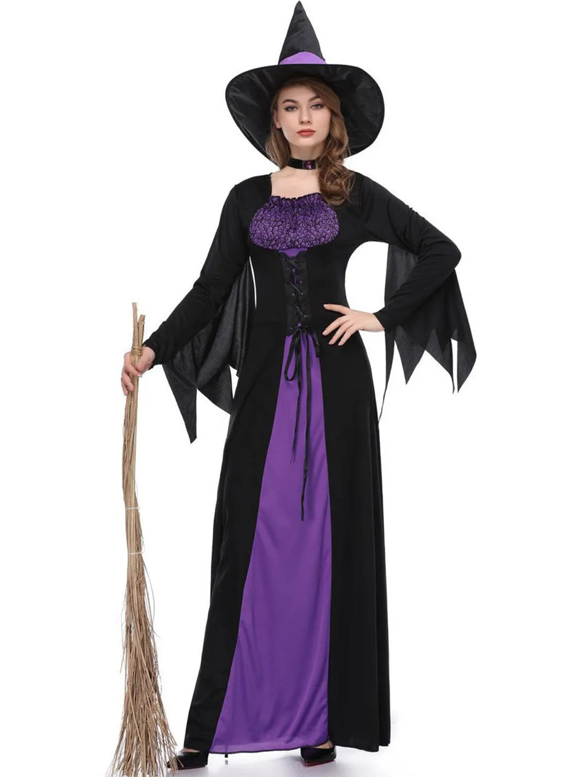 Solid Patchwork Halloween Cosplay Wizard Square Neck Batwing A-line Dress Including Hat, Collar