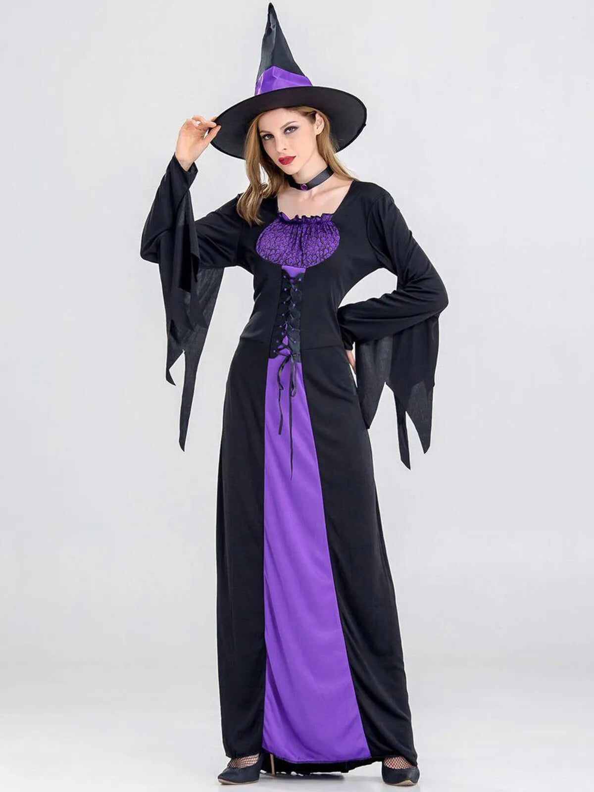 Solid Patchwork Halloween Cosplay Wizard Square Neck Batwing A-line Dress Including Hat, Collar
