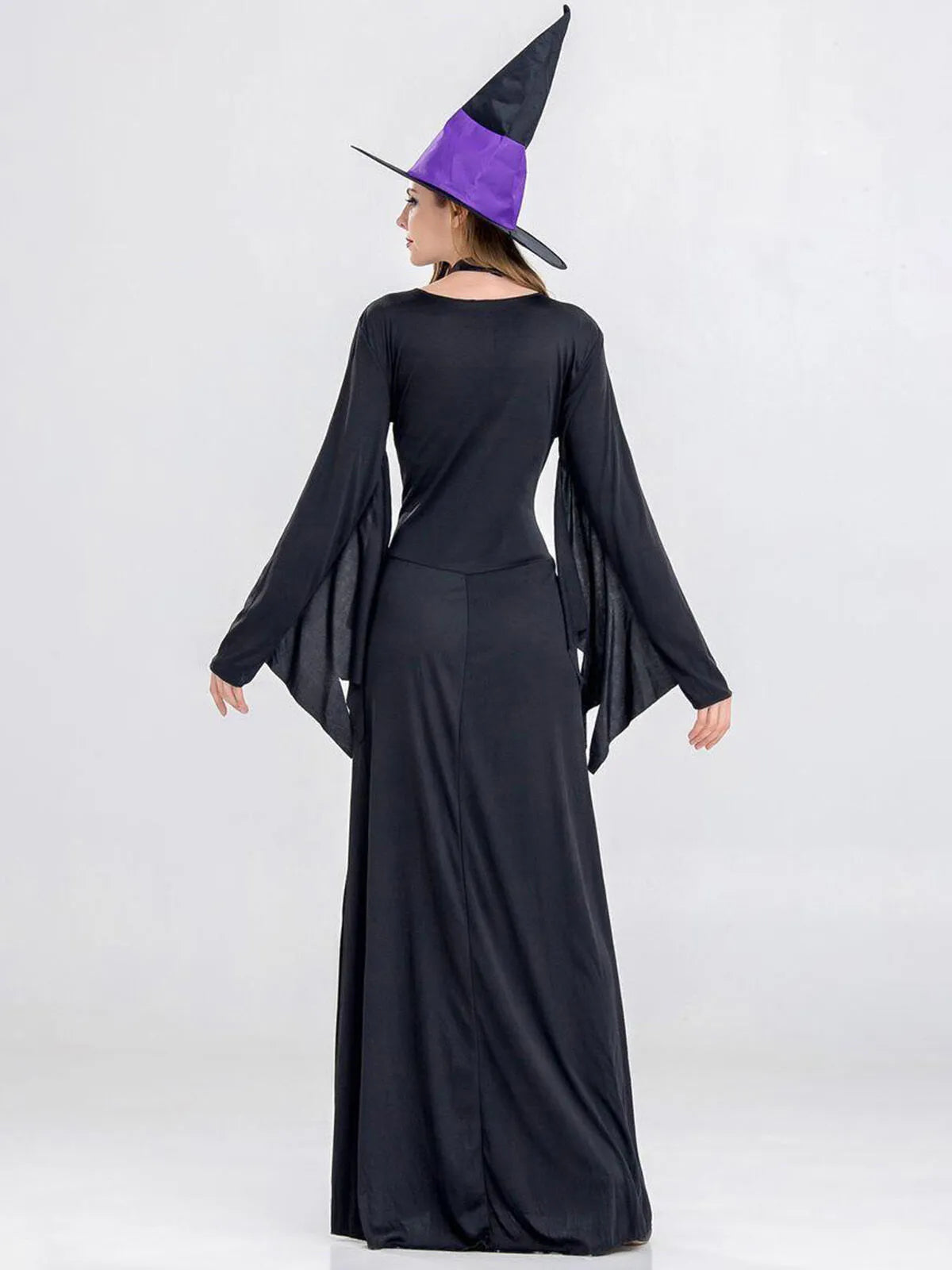 Solid Patchwork Halloween Cosplay Wizard Square Neck Batwing A-line Dress Including Hat, Collar