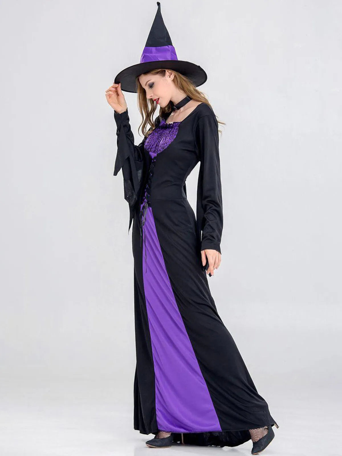Solid Patchwork Halloween Cosplay Wizard Square Neck Batwing A-line Dress Including Hat, Collar