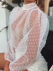 Solid Patchwork Round Neck Lantern Long Sleeve Regular Blouse