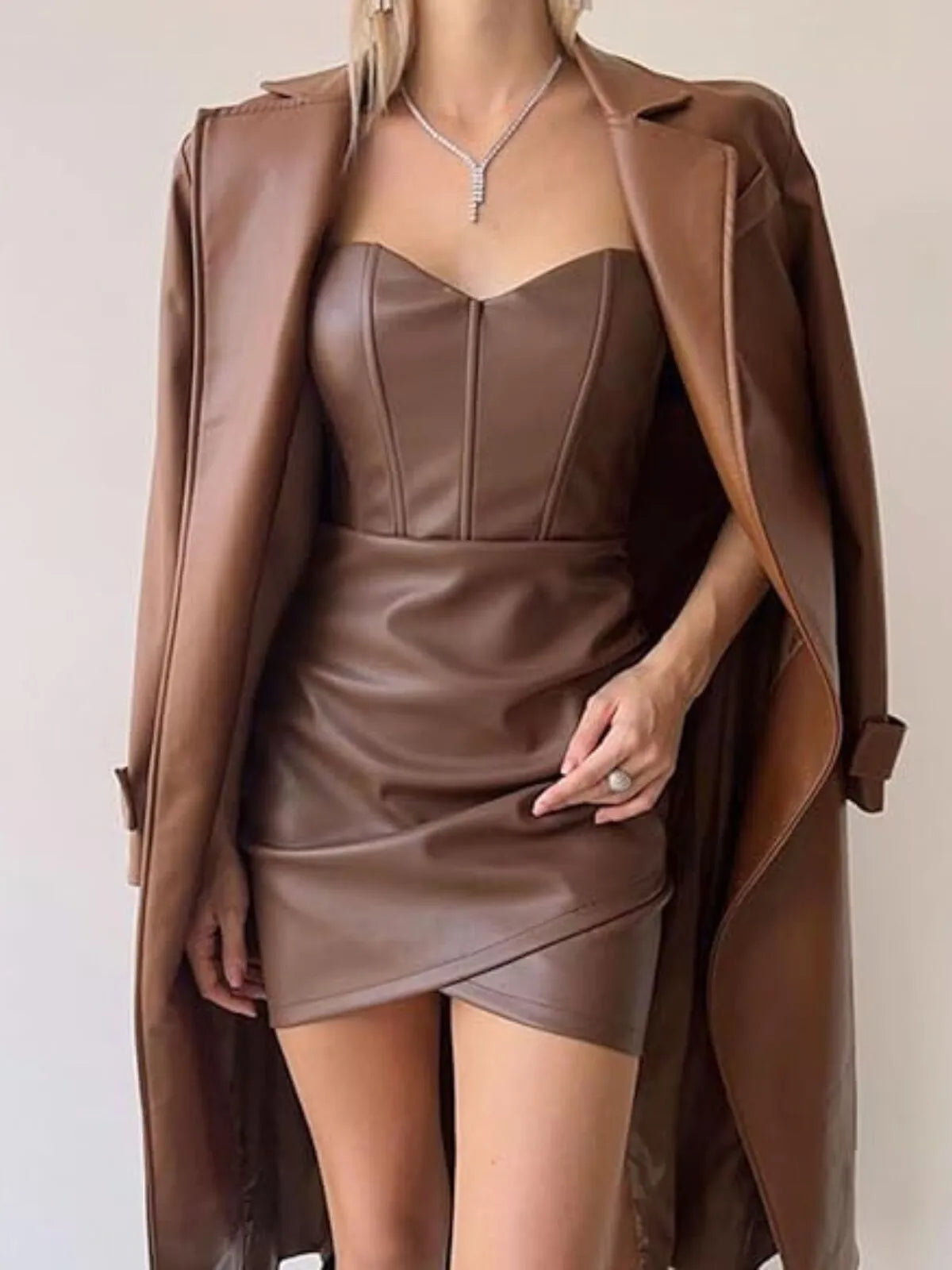 Solid Sexy Strapless Pu Leather Fitted Dress