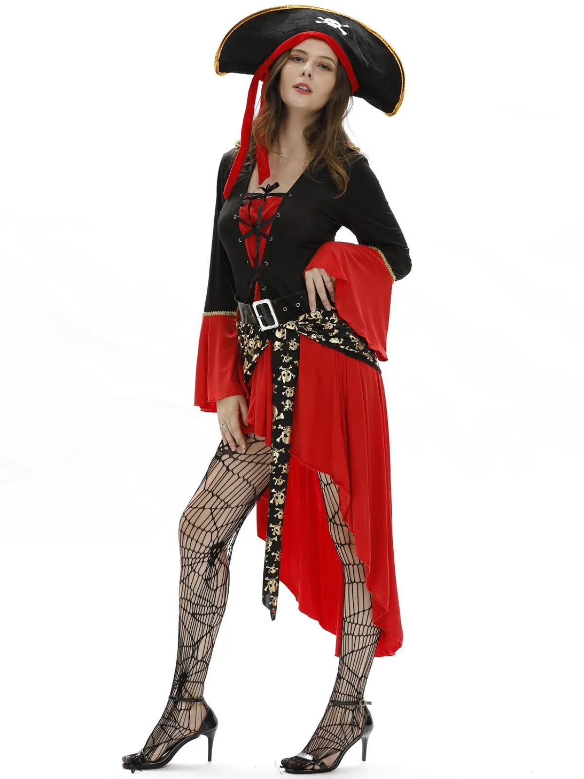 Solid Patchwork Halloween Cosplay Pirate Sexy V-neck Flare Fit And Flare Dress, Hat not included