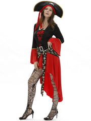 Solid Patchwork Halloween Cosplay Pirate Sexy V-neck Flare Fit And Flare Dress, Hat not included