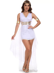 Solid Halloween Cosplay Cleopatra Athena Patchwork V-neck Shift Dress, Accessories included