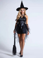Solid Halloween Cosplay Devil Witch Patchwork V-neck Shift Dress, Day of the Dead Masquerade Uniforms, Includes hat