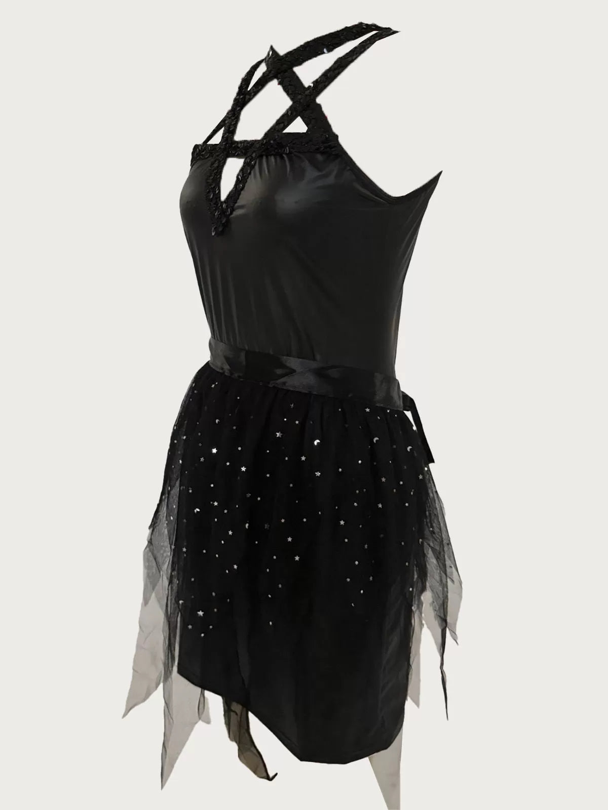 Solid Halloween Cosplay Devil Witch Patchwork V-neck Shift Dress, Day of the Dead Masquerade Uniforms, Includes hat