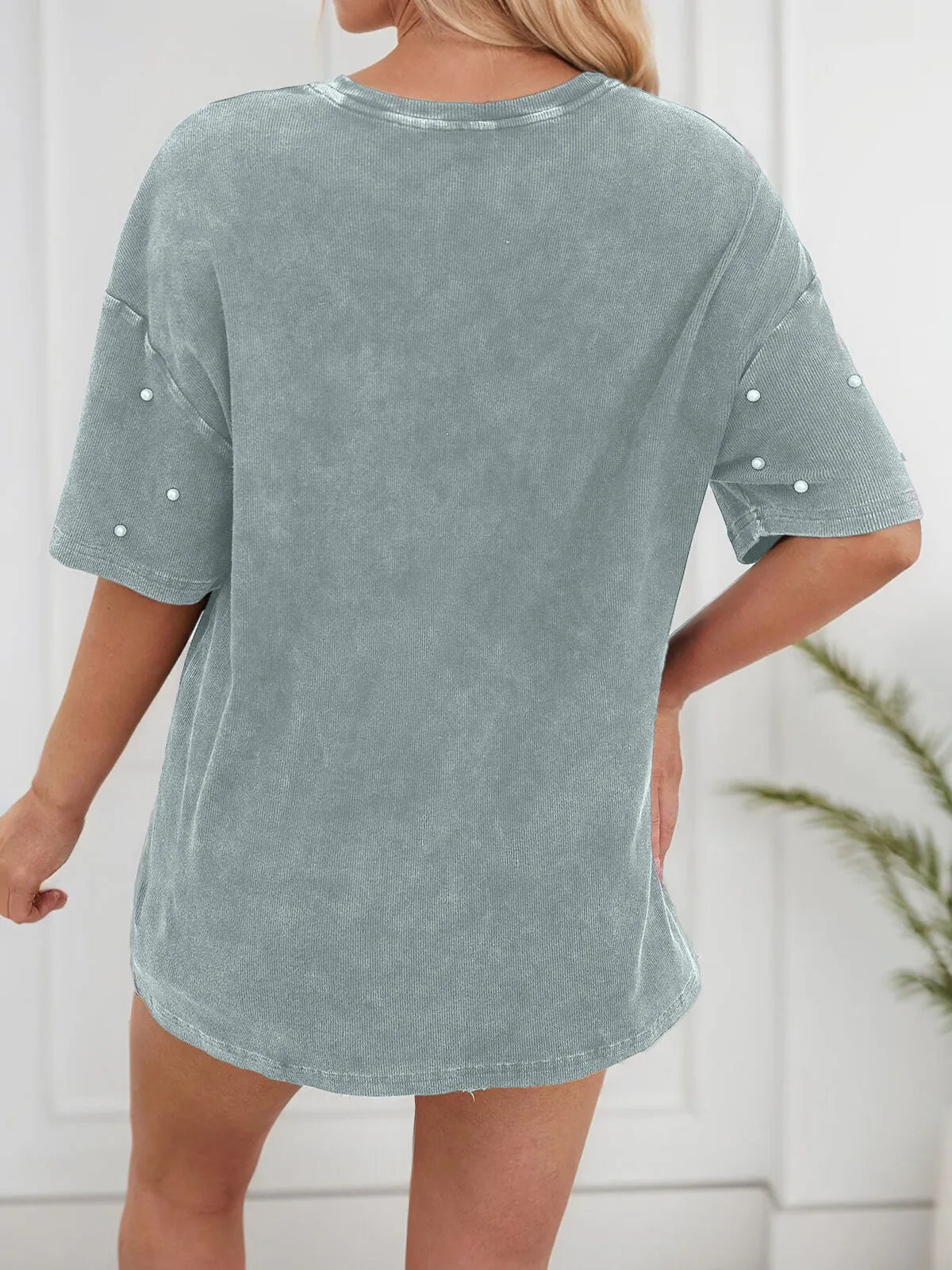 Solid Pearl Round Neck Short Sleeve T-shirt