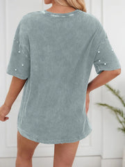 Solid Pearl Round Neck Short Sleeve T-shirt
